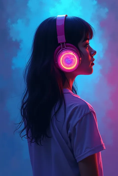 Image of a girl with her back listening to music with headphones painted with the bisexual blue, purple and pink flag, the background is the same colors, the colors are well defined and mixed