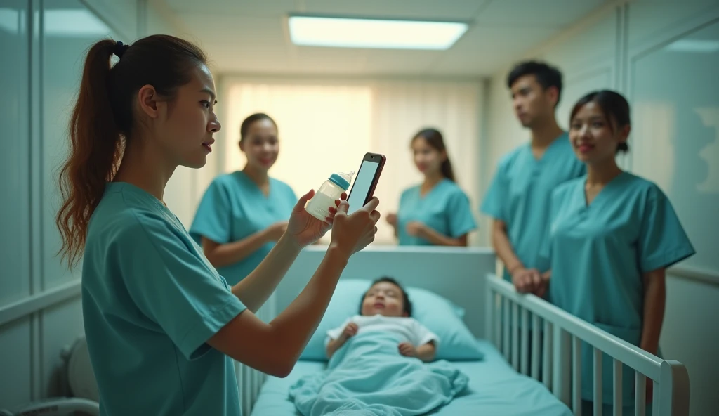 An ultra-realistic image capturing the surreal and awe-inspiring moment in the nursery of Kartika Hospital, Bali. At the center of the scene, baby Aditya lies calmly in his crib, wrapped in a soft pastel blue blanket, his tiny hands firmly gripping a baby ...