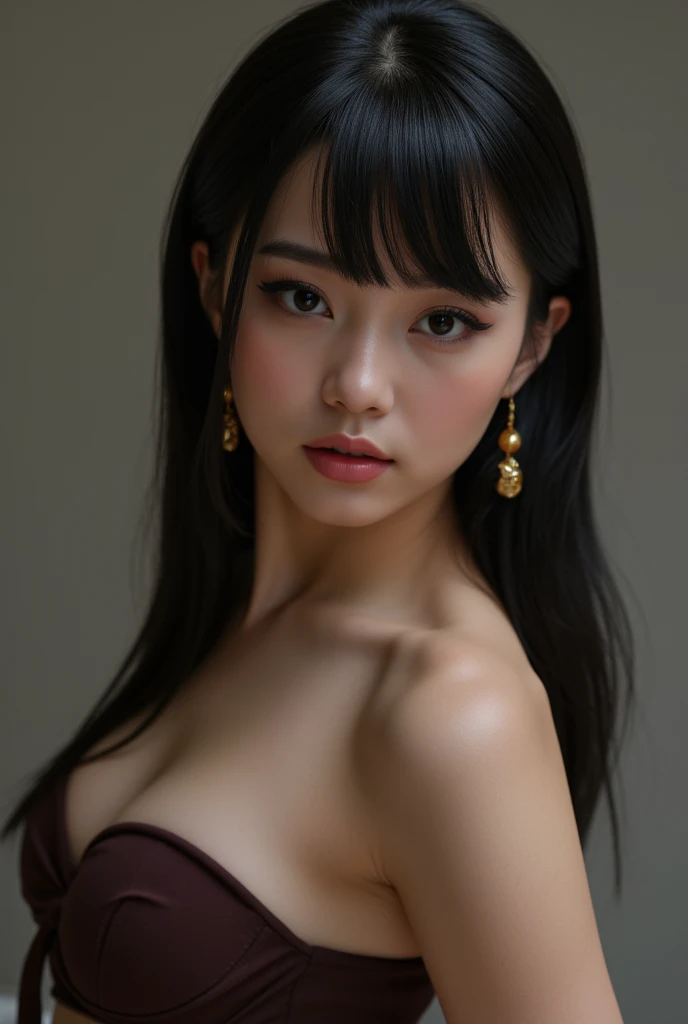 (photorealism:1.2), Kayla is a 22-year-old Asian-American girl with a petite, slender build that stands at around 53" tall and weighs around 105 lbs. Her most striking feature is her intense, almond-shaped dark eyes that seem to smolder with a sultry, sedu...