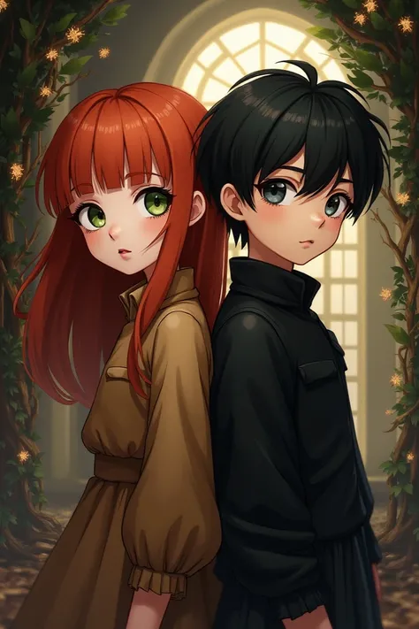 Create a book cover featuring a red-haired girl with green eyes in a brown dress and a black-haired boy with gray eyes dressed in black 