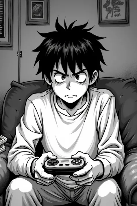 Ugly unemployed teenage boy is playing a game with classic black and white manga style 