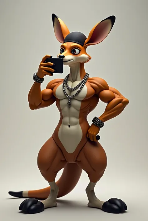  Slim but muscular kangaroo showing his bicep and taking a selfie, with silver chain, and a black hat on his head , leather pants, without pole,  super realistic image, full body character