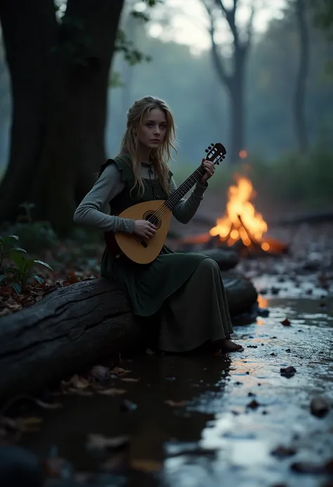 A minstrel , Age 25, hermosa mujer europea,  she has ash blond hair , She has green eyes,  she sits on a log near a campfire at night and plays the lute,  the image shows the scene from a distance of 2 meters 