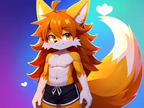 colorful background, beautiful, very high quality, cute yellow fox boy, thick hair, detailed body, shirtless, shorts