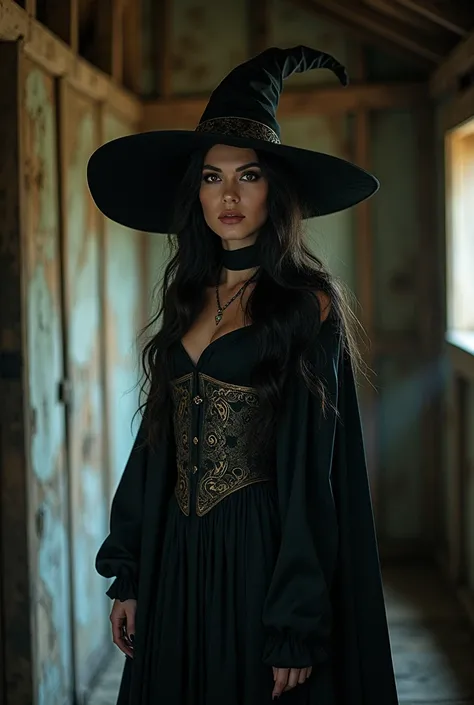 Photo of a woman dressed as a witch, with her witch hat, in a lonely cabin. clear, detailed, illuminated, realistic, 8K image