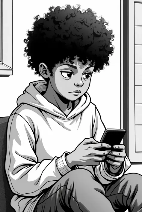 An unemployed and ugly black boy with curly hair and not too long is playing a game on android in the style of a classic black and white manga 