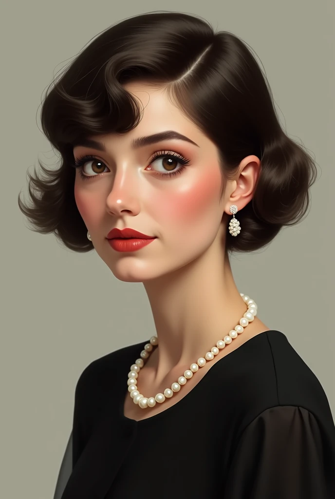  draw me an elegant 30-year-old woman with a short hairdo ( hair from ear ) and well-groomed ,  typical of the years 1920-1940 . Elle porte une robe noire classique ornée d’un collier de perles. 