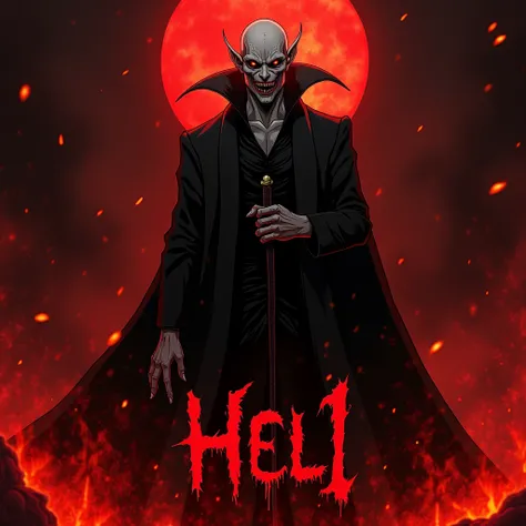  create a character that recalls Nosferatu Zodd from the anime Berserk ( more like a demon ,  despite the name Nosferatu it has nothing to do with vampires),  in a demonic scenario ,  with flames and referring to hell .  must also be written  "HEL1"  at th...