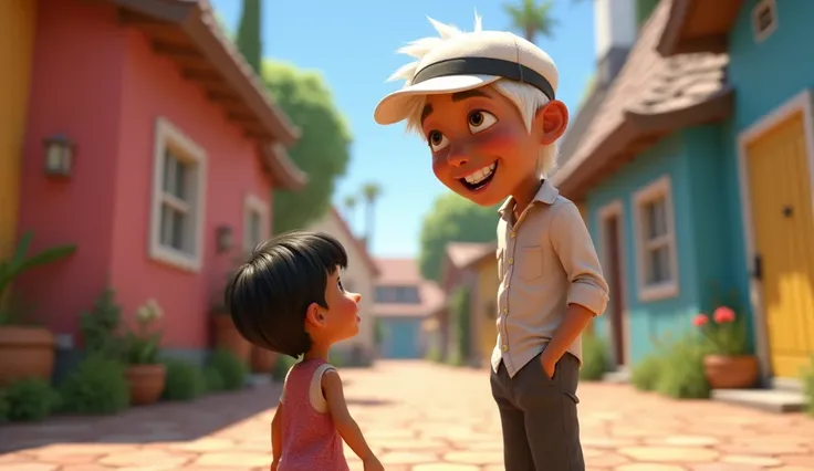 20-year-old man, standing,  white-haired man , white hat,  black shoes , smiling happily, bronze pele,  big brown eyes , olhando para uma criança standing, Pixar style