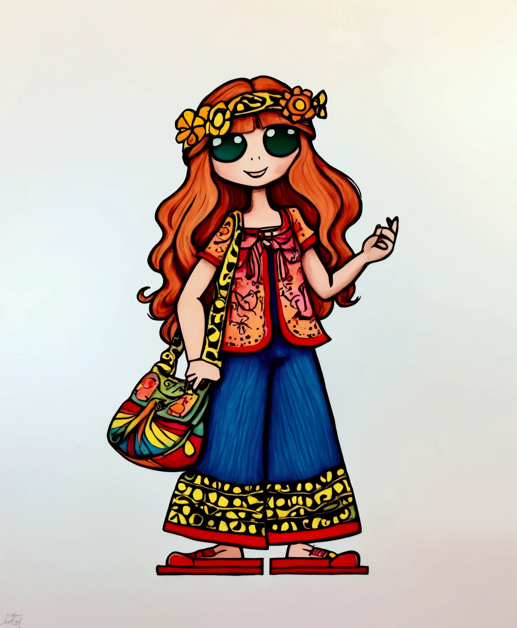 , un dibujo de una niña con un signo de la paz y un bolso, un boceto a lápiz de color inspirado en Ammi Phillips , cg society, ganador del concurso , toyism, Hippie girl, hippy, Hippie chic, Hippie fashion, hot summertime Hippie, 1 9 8 0 s flower power hippy, coloreado con muchos colores, coloreado en, Hippie, AniPnyXLQual, (negative_v2 Color_Balance_Calibration:0.8), eznegativexl,