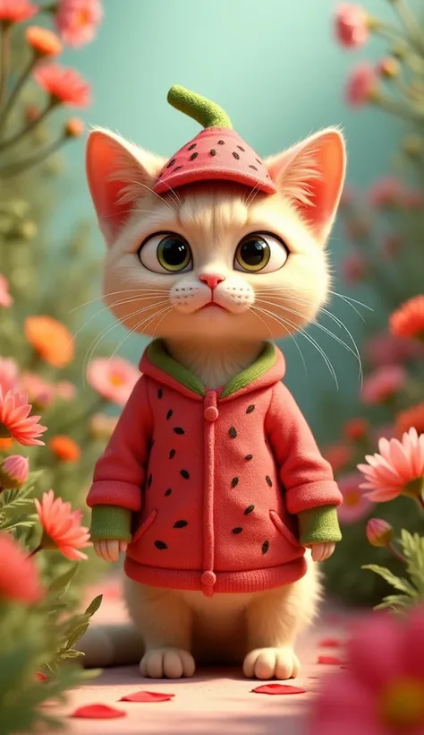 A light beige cat, wearing watermelon clothes with watermelon hat in the middle of flowers , with serious eyes ,full body , 3D Animation, disney pixar style