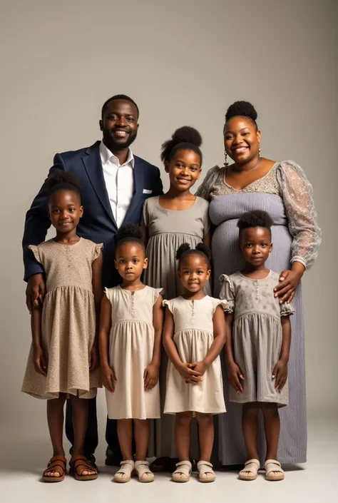 A studio photograph of  light skinned husband and wife a Nigerian family living in the US with there 8s, 7boys and a girl
