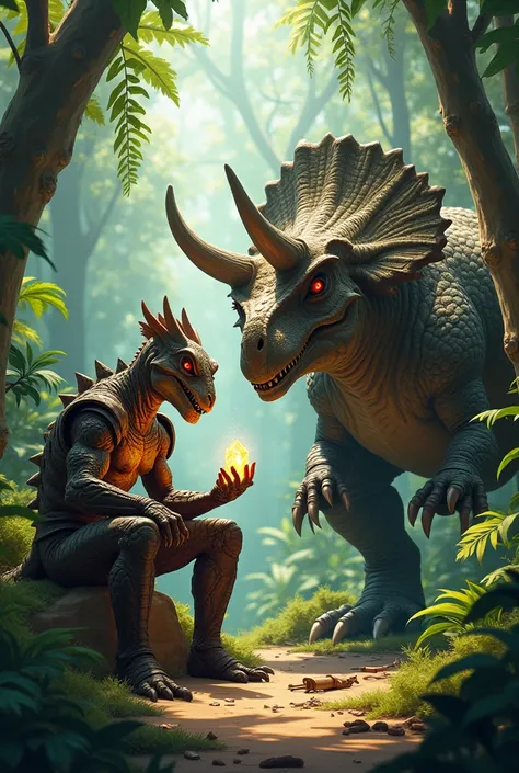 A lush prehistoric jungle.  Dax, a humanoid hybrid with reptilian features, tinkers with strange, glowing crystals and wires, constructing a device.  Terra, a large, wise-looking dinosaur (perhaps a Triceratops), observes him with a patient, encouraging ex...