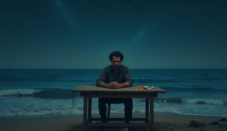 Between sea and stars a man sitting alone at the table grumbles with jealousy