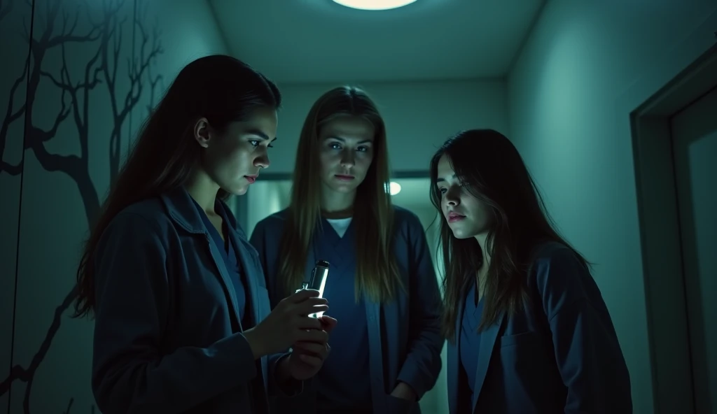 three characters,  by a young medical student named Alicia , together with Diego and Laura .  Alicia is holding an audio recorder ,  dressed in casual dark-colored clothing from the current era. They are standing inside the hospital ,  illuminated by a fai...