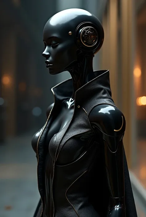 A beautiful robot with an elegant black coat