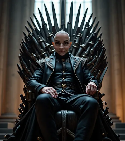 Create an image with this face from photo ,  sitting on the Iron Throne from Game of Thrones.