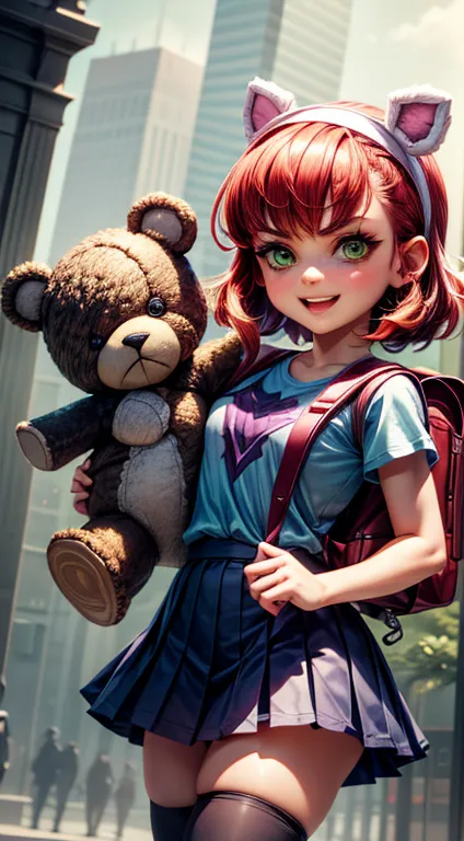 green eyes, 5 años de edad , pechos planos, niña pequeña, annie (league of legends), little, red hair, happy, brown skin, short ...