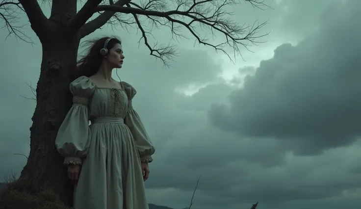 Katerina from Ostrovskys play  "storm", there are headphones on a cliff , Holding on to a tree. The sad face , the wind is blowing,  the sky is covered with dark clouds .  Clothes must match 1859.