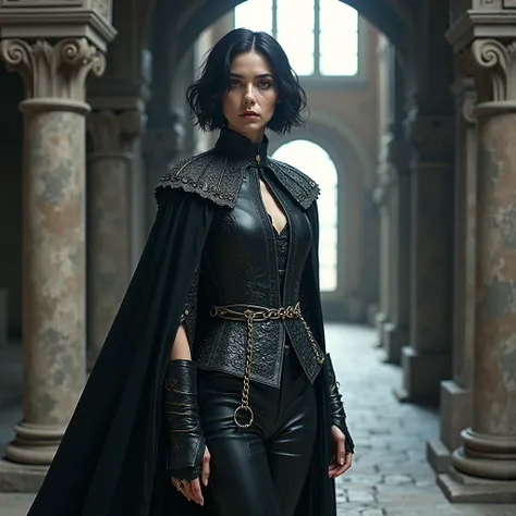 A woman work of art, impressive of a woman Khaleesi,  wearing period clothes and a Gothic photographic portrait ,,  silver lace , black gauntlets.  with wavy black hair , short hairstyle, Bob-style cut, hair divided into two,  period clothing style stark g...