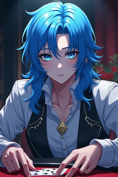 Anime boy with blue eyes and blue hair gambler