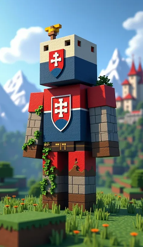 Create a hyper-realistic Minecraft-style mini craft character inspired by Slovakia, combining the iconic blocky design with finely detailed textures that reflect the countrys culture and landscapes. The character’s blocky, angular body adheres to Minecraft...