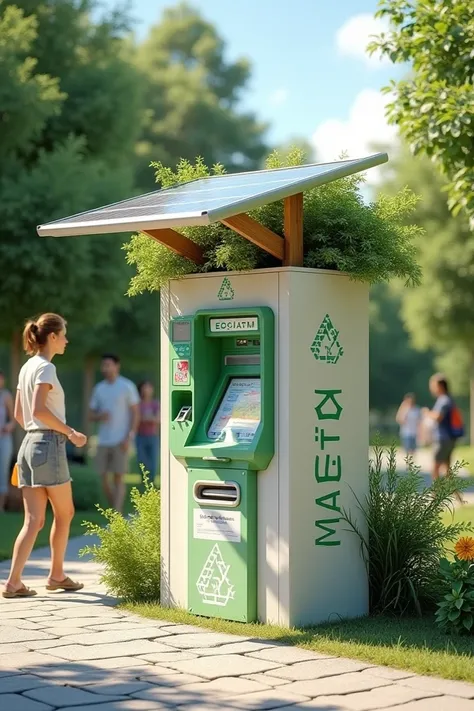 A eco friendly plastic recycling atm . The name of the atm is ‘ECO ATM’ . Some people walking beside, top of the atm have solar panels, designed by nature, on side have a small trushbin