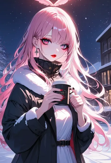  best quality，Pink Long Hair，Snowy Night，hot coffee in hand，black coat dress，Downcast eyes，Eye Makeup，Red Lip