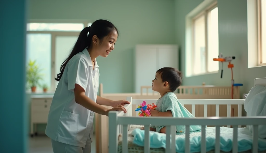 An ultra-realistic image capturing Ayu, a 25-year-old Indonesian nurse, standing near Adityas crib in the nursery of Kartika Hospital, Bali. Her expression is a blend of pride and disbelief, her lips curving into a soft, amazed smile as she watches the bab...