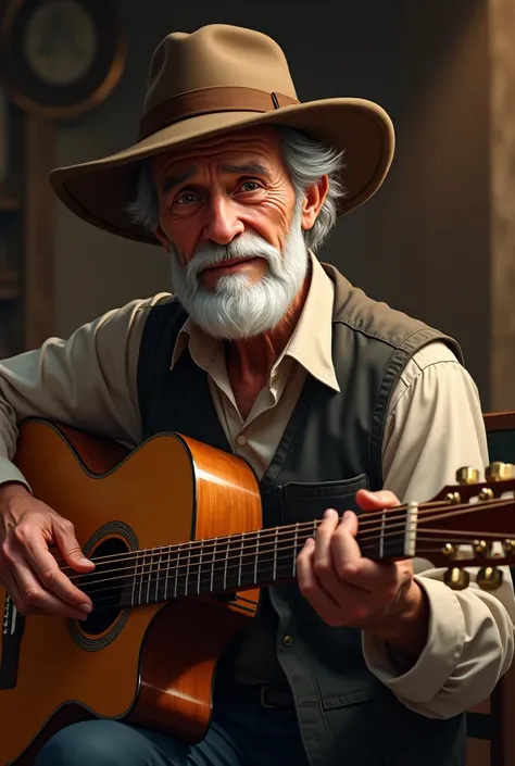 An old man with a brown hat with white mustaches playing the guitar