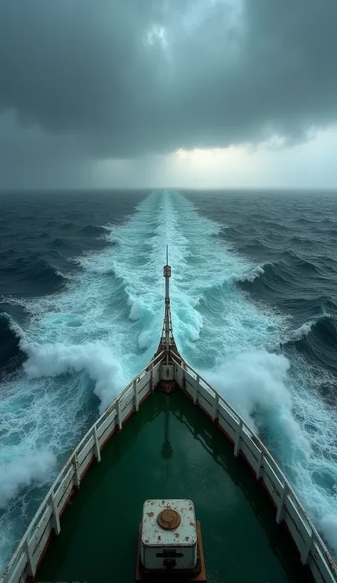 "A hyper-realistic, first-person perspective image of a large ships bow cutting through a stormy sea. The deck is painted a deep green and surrounded by white railings that are slick with rain and seawater. The bow points directly into the turbulent ocean,...