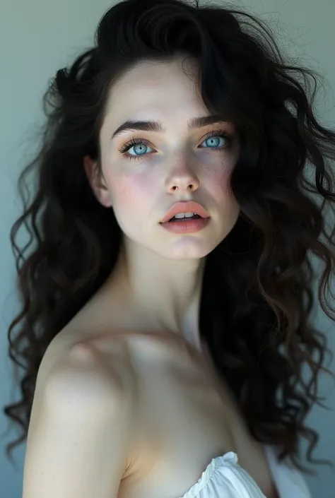 (photorealism:1.2), a woman with a blue eye and the other grey, her skin is very pale. Her hair is long, black and curly (make he whole body) 