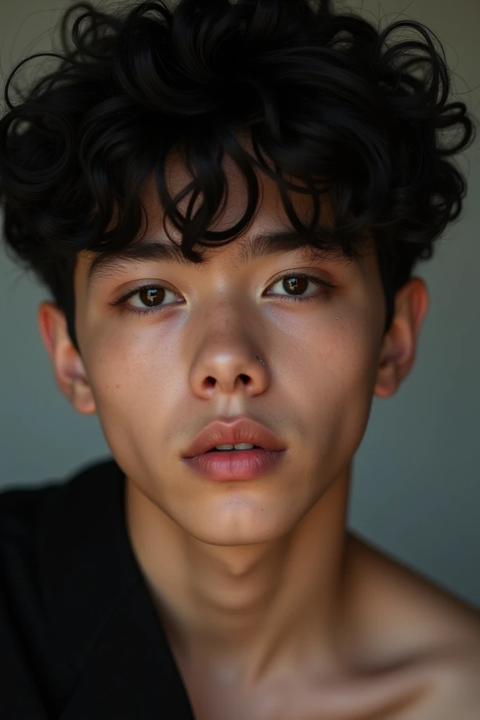  Create a photo of a cute and super sexy boy who looks half of his face, with a fair complexion and curly black hair 