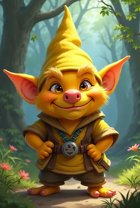 Yellow gnome with pointy nose and a smirk