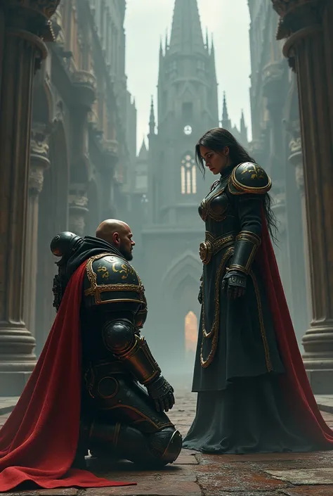 Warhammer 40k space marine kneeling before a woman