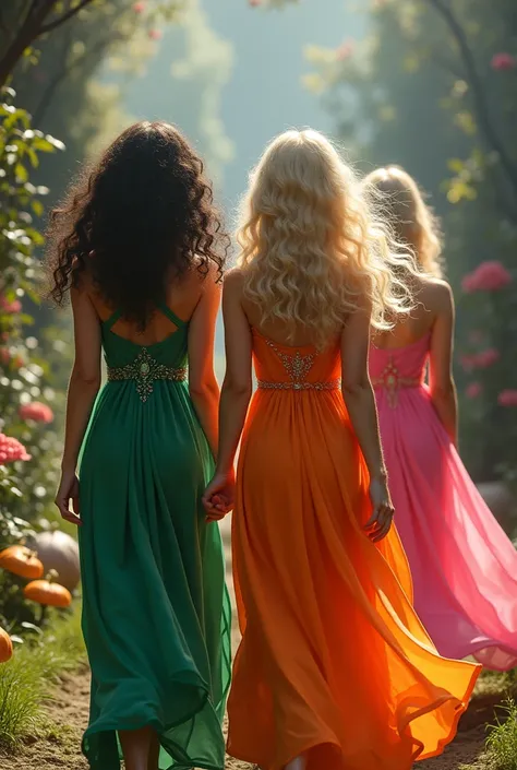 4 witches on their way to a party ,  two of them have dark curls they each wear a green and an orange dress,  the other two have blonde hair and a pink and a red dress 