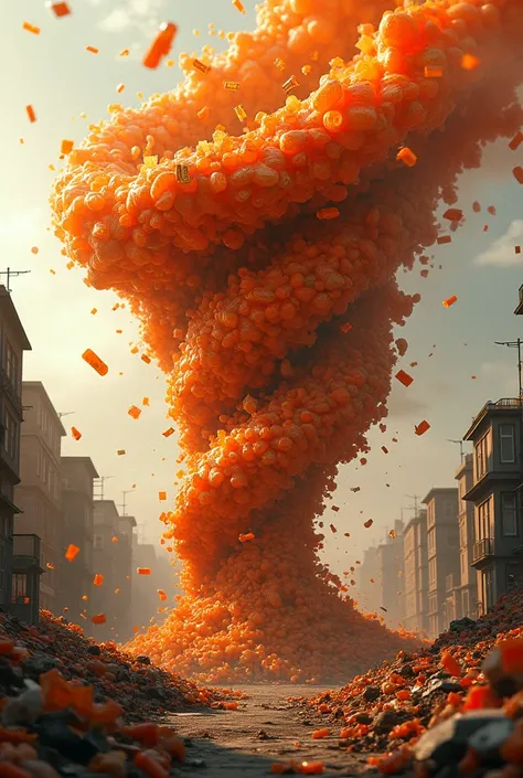 An orange-colored plastic waste tornado 