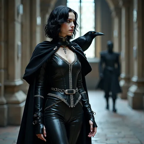 A woman work of art, impressive of a woman Khaleesi,  wearing period clothes and a Gothic photographic portrait ,,  silver lace , black gauntlets.  with wavy black hair , short hairstyle, Bob-style cut, hair divided into two,  period clothing style stark g...