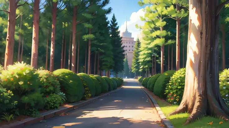 CITY UNDER PINE TREES ANIME DRAWINGS BRIGHT SHADOWS