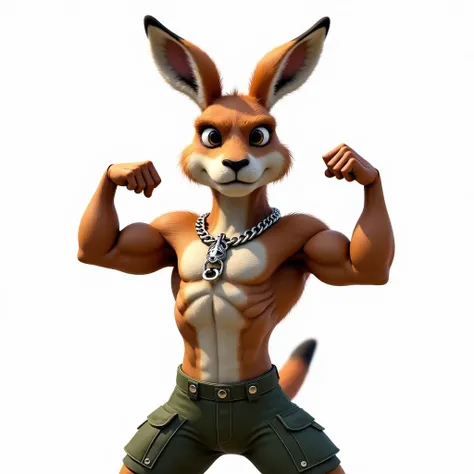  Slim but muscular kangaroo showing his bicep and taking a selfie, with silver chain, and green-black military shorts, super realistic image, full body character, white background 