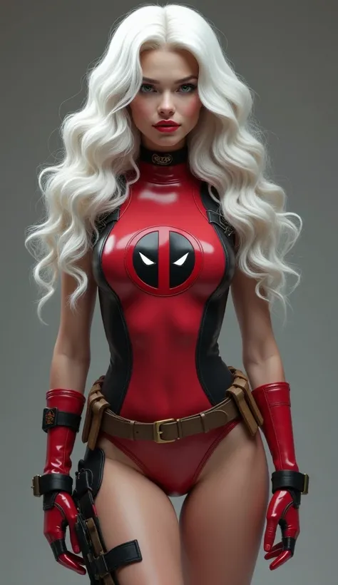 A beautiful girl with white skin, long, curly white hair with soft curves, striking red lips and a small, tight red swimsuit outlining her beautiful body. She stands confidently in front of the camera, with the iconic Deadpool symbol displayed prominently ...