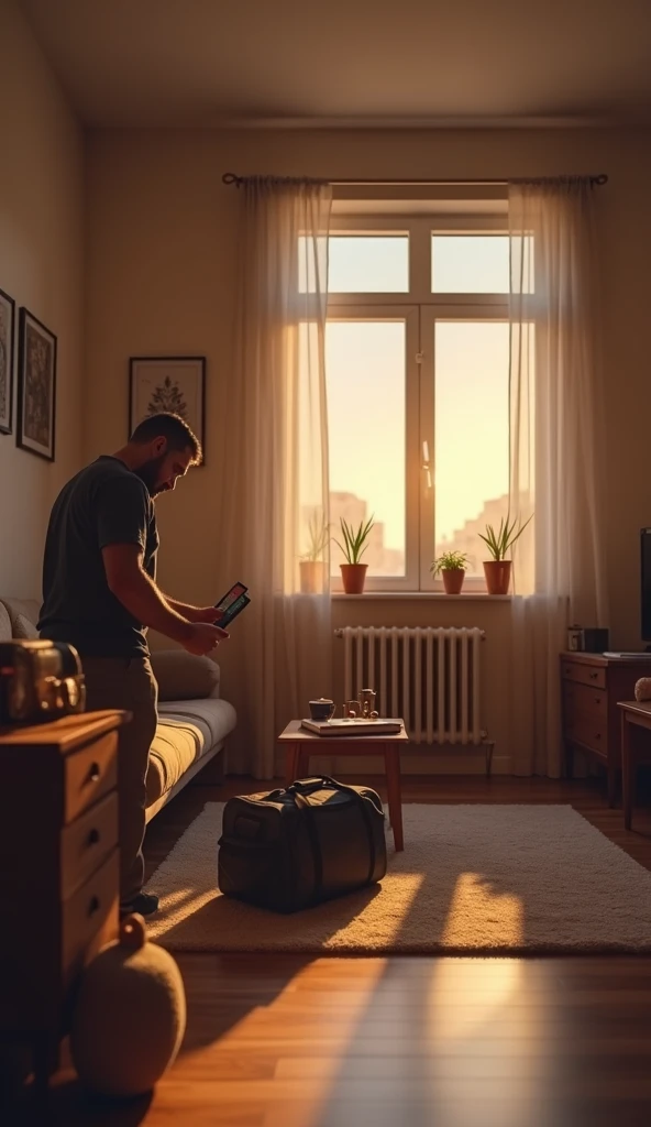 A medium-sized apartment living room, showing the narrator packing their belongings into a small duffle bag. The room is slightly cluttered but warm and personal, with simple furniture and a window revealing a faint sunset. The tone reflects anticipation a...