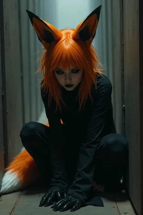  orange hair,With fox ears and with fox tail,black eyes,black clothes,to hide,haiya_hate_all