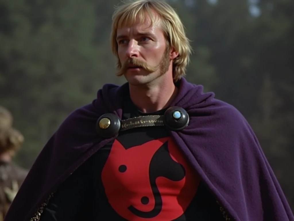 Mustachioed Viking blonde short hair with a  рядом с ним животное, на цепи red wolf on the chest purple cape with the letter “o” dark fanstasy black cape 1970s 1980s vhs screenshots dvd old retro cinema skinny черные усы худое лицо