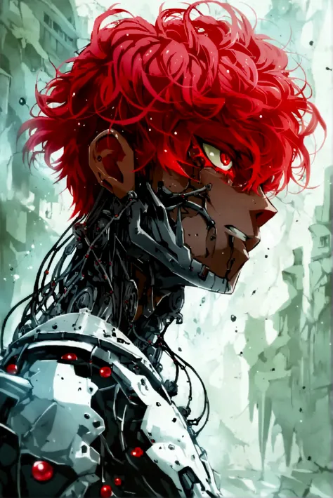  Reckless 25-year-old man with dark skin,  his right arm is cybernetic ,  mid-length red hair , yeux roses, light red beard , Plan Large,  High Resolution, corpulence normal