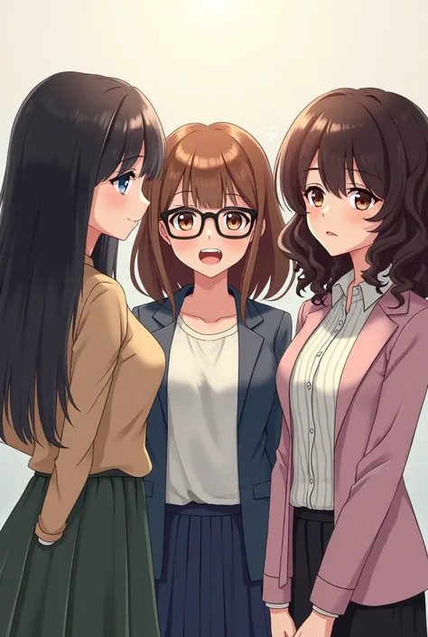 3 girls a white black hair a brunette with glasses a curly brunette  