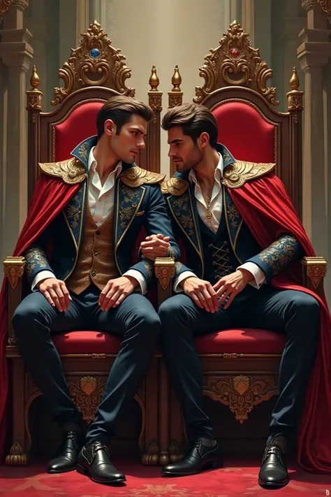 2 handsome guys sit on 2 thrones, very close to each other 