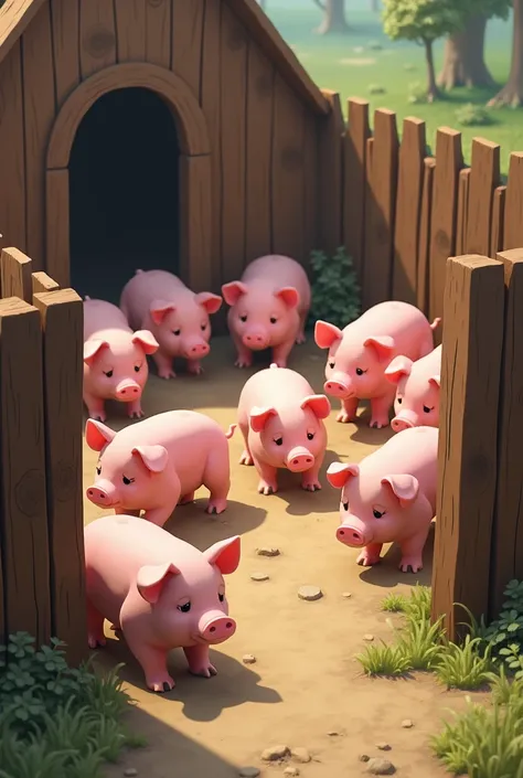 Un dessin d’enclos à cochon avec 7 cochons roses dedans, des barrières en bois, sans mettre de fond