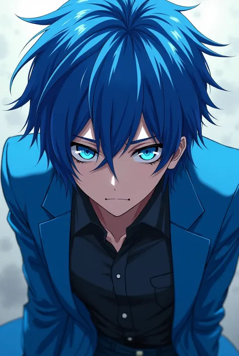 anime boy con cabello azul y ojos azules con una chaqueta azul, anime boy alto con ojos azules,  sad cerulean eyes , anime boy, handsome anime man,  male anime character ,  bright blue eyes , Young anime man,   Egocentric ,  top , Villain pose