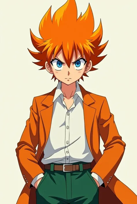 An orange-haired boy with an orange coat and a white blouse and a belt Green anime version of brown pants very angry with blue eye 